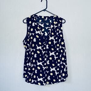 Talbots Top Plus Size 1X Petite Blue Floral Collar Sleeveless Button Up Blouse